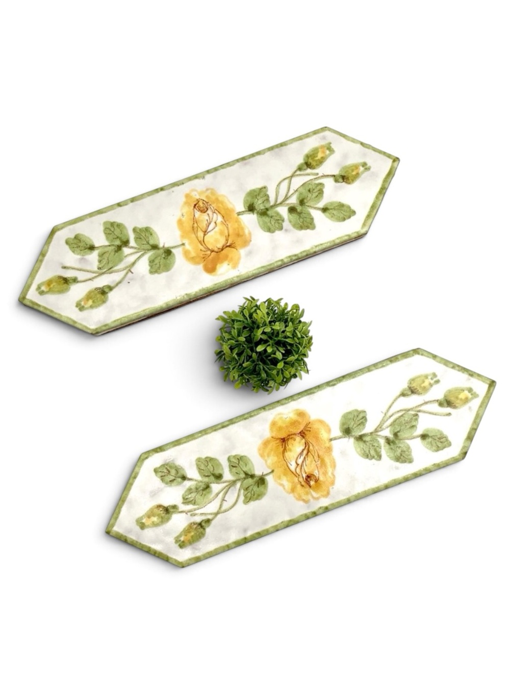 Italian 70s Faience Glazed Pottery Tile Trivet Set Wall Accent Yellow Rose Italy